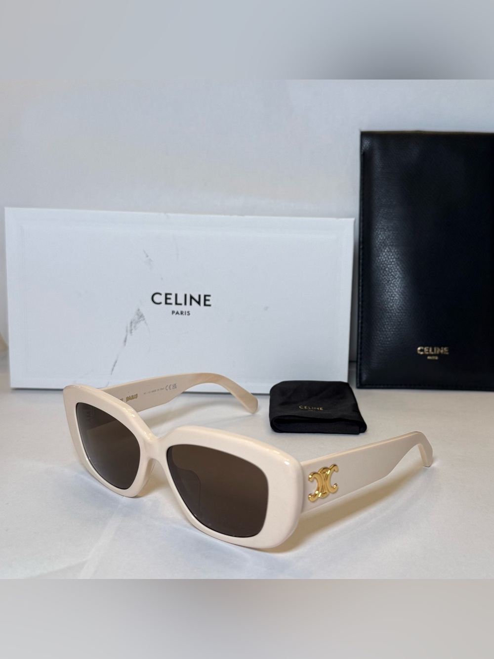 Celine Cream Rectangular Sunglasses with Gold Logo Accent
